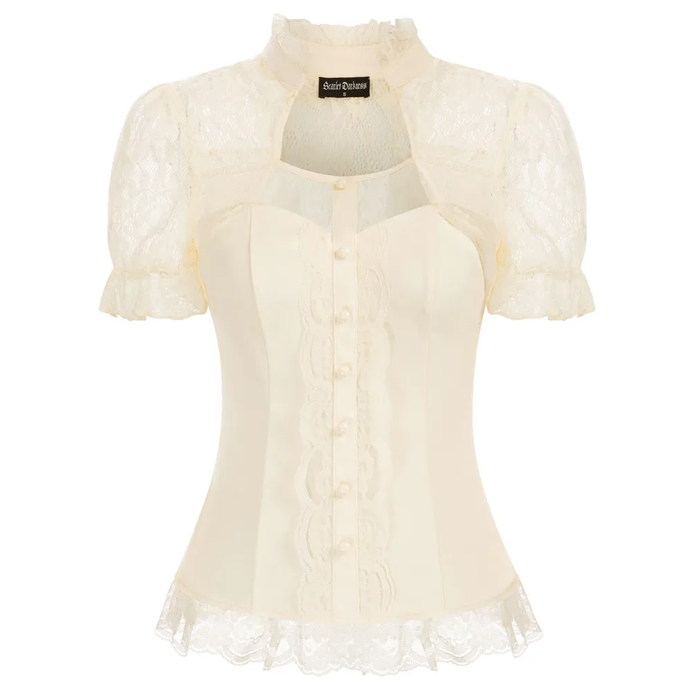 Женская винтажная блузка в стиле стимпанк кружевная с короткими рукавами и