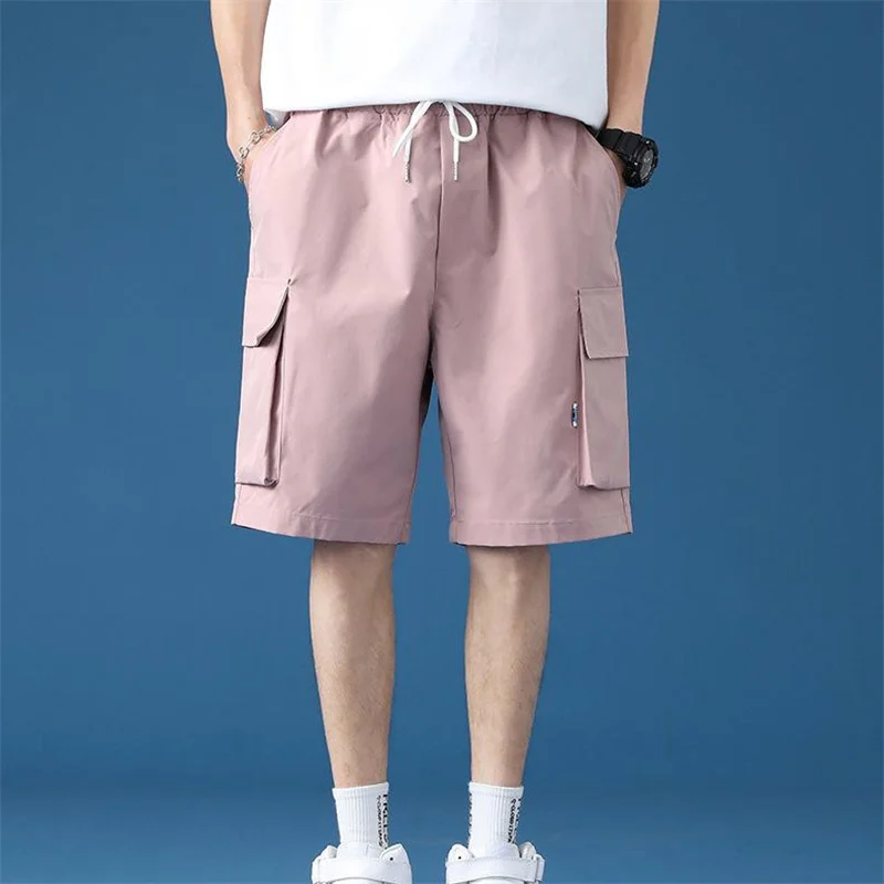 

FOJAGANTO 2021 Men's Solid Shorts Korean Summer Straight Pockets Decorated Mid-Waist Men's Five-Point Casual Shorts