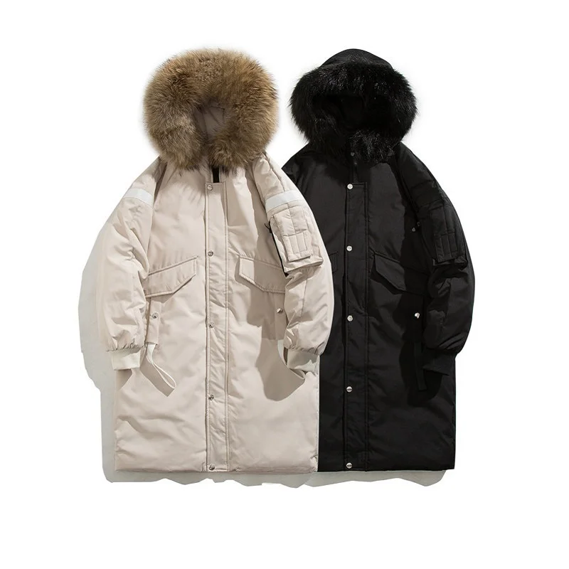-30 Degree Long Parkas Coat Winter Puffer Jacket Men Thick Warm White Duck Down Parkas Fur Collar Hooded Big Pockets Veste Homme