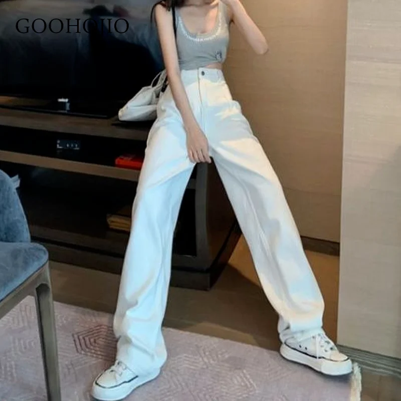 

GOOHOJIO 2021 New Spring and Autumn Straight-leg Jeans Women High Waist Fashion Cowboy Pants Oversized Casual Wide Leg Trousers