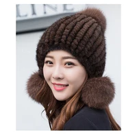 fur hat for women natural mink fur knitted russian hats winter thick warm ears fashion aviator trapper fox fur bomber snow cap