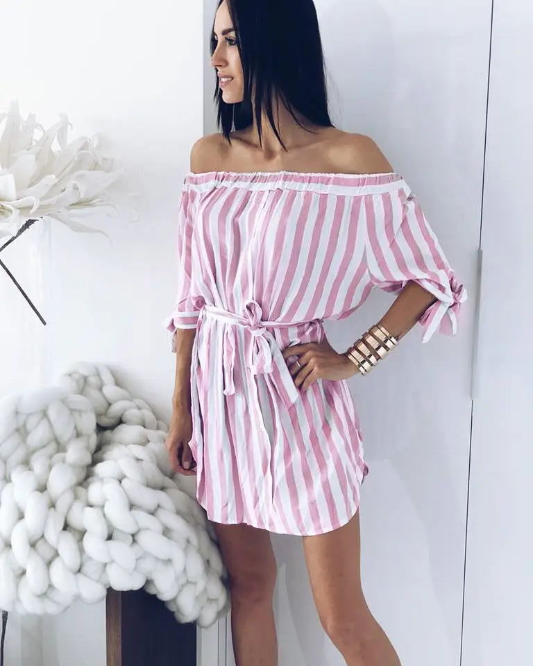 

New Half Sleeve Slash Neck Ladies Striped Mini Female Dresses Women Dress Womens Hot