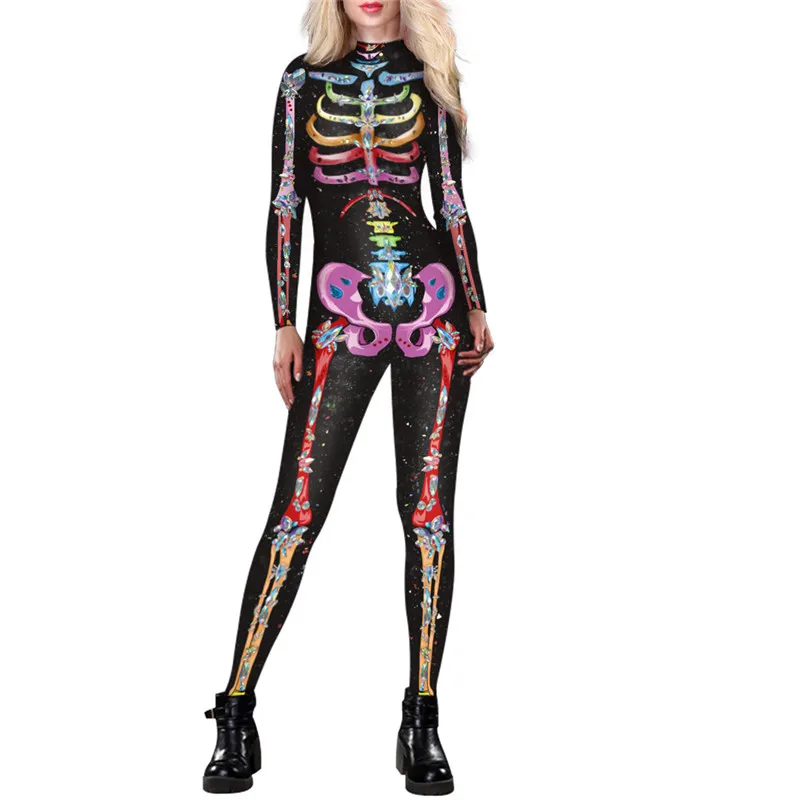 

Lady Fashion Skull Pattern Jumpsuit New Long Sleeves Long Pants Horrifying Anime Cosplay Costume Halloween Evening Party Costume