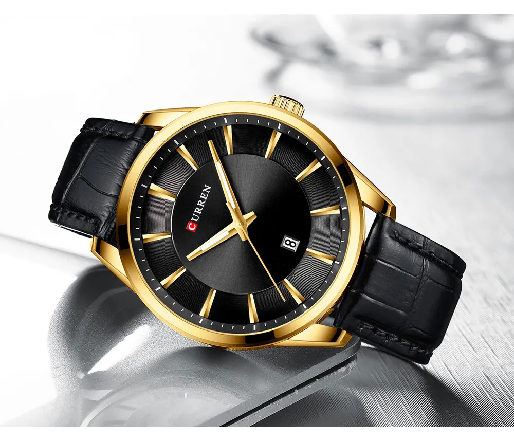 

2021 черные кварцевые часы Curren, мужские деловые часы с кожаным ремешком и простым дизайном, повседневные часы с календарем, мужские часы, Прям...