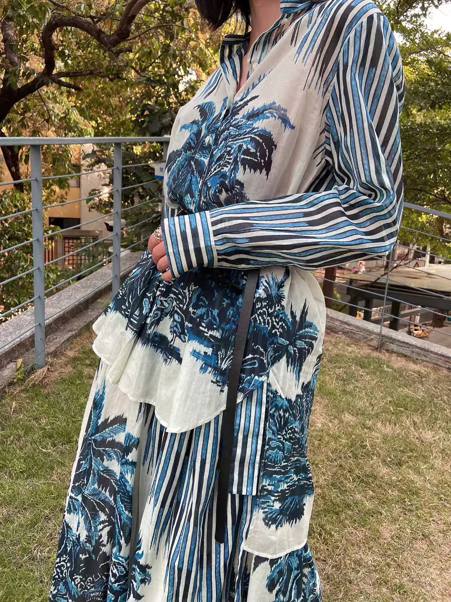 

CHICLADY European High End Fashion LadySpring Autumn Cotton Blouse Women Full Sleeve Strip Print Lady Casual Long Tops Femme Y2k