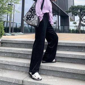 ELFSACKчерные однотонные минималистичные повседневные женские широкие брюки; Осень 2020; Цвет эльф, синий; С высокой талией; Корейская женская повседневная обувь