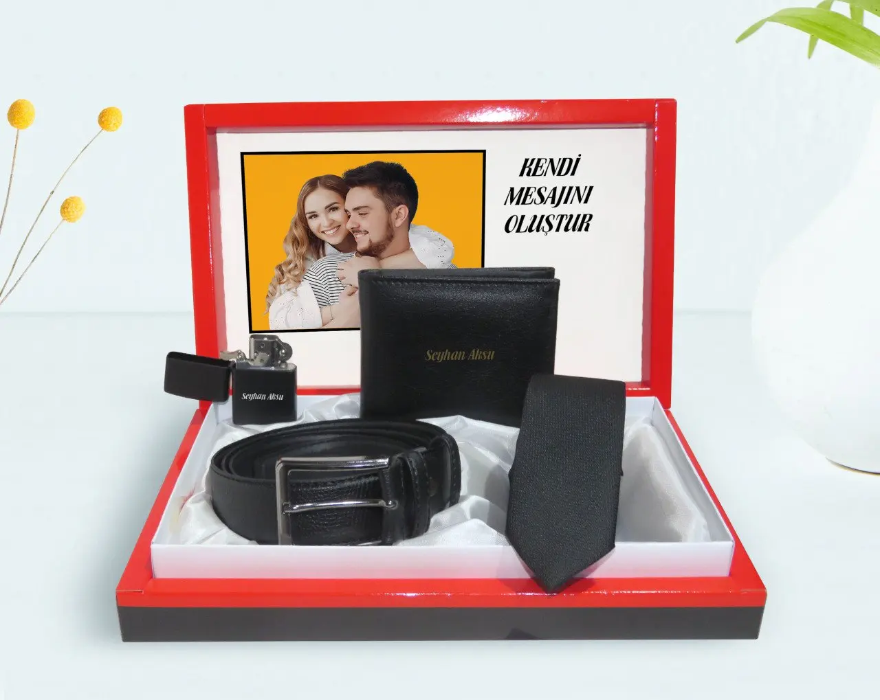 

Sweetheart Custom Photo and Mail In The Box Wallet Belt cigarette Lighter And Tie gift set