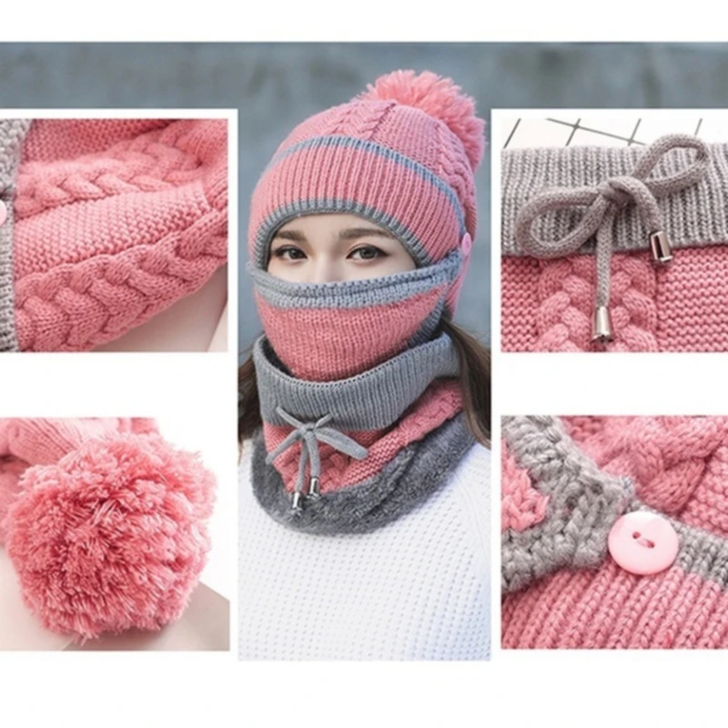 

2021 Hat winter women's Mask Hat For Girls Scarf Thick Warm Fleece Inside Knitted Hat Scarf Set 3pcs Winter Riding Fashion Hats