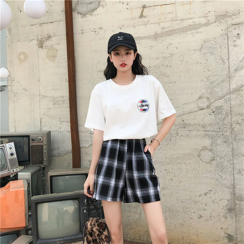 

shorts women harajuku soft loose comfortable couple trousers chic streetwear Plaid Pockets Elastic Waist simple all-match trendy