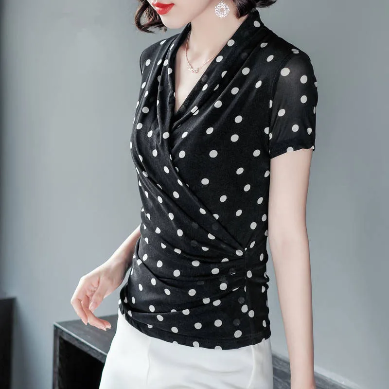 

Women Spring Summer Style Lace Blouses Shirts Lady Casual V-Neck Polka Dot Printed Lace Blusas Tops DD8051