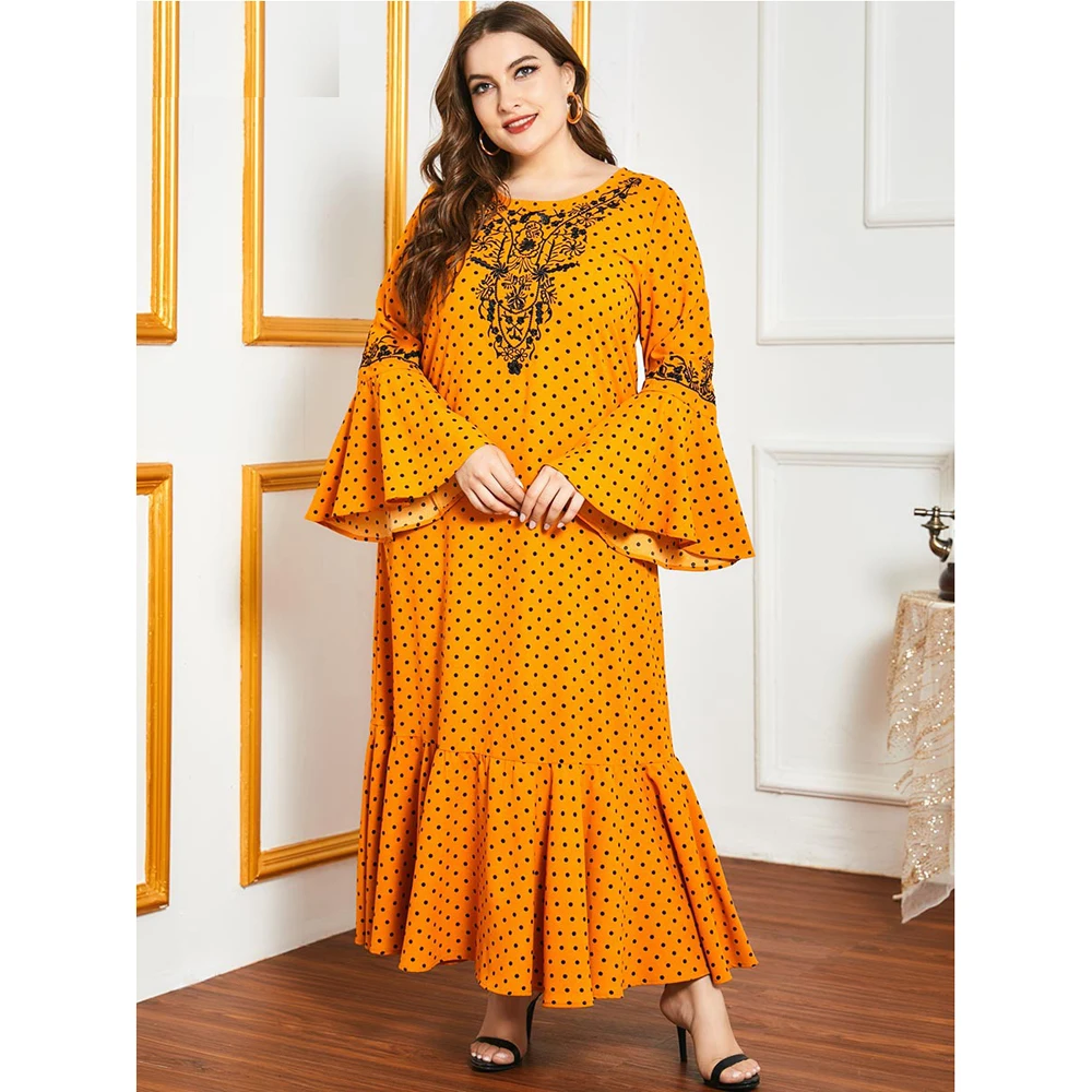 

4XL Abaya Muslim Women Maxi Dress Abaya Turkish Kaftan Embroidery Polka Dot Long Party Gown Jilbab Ramadan Abayas Ruffle Hippie