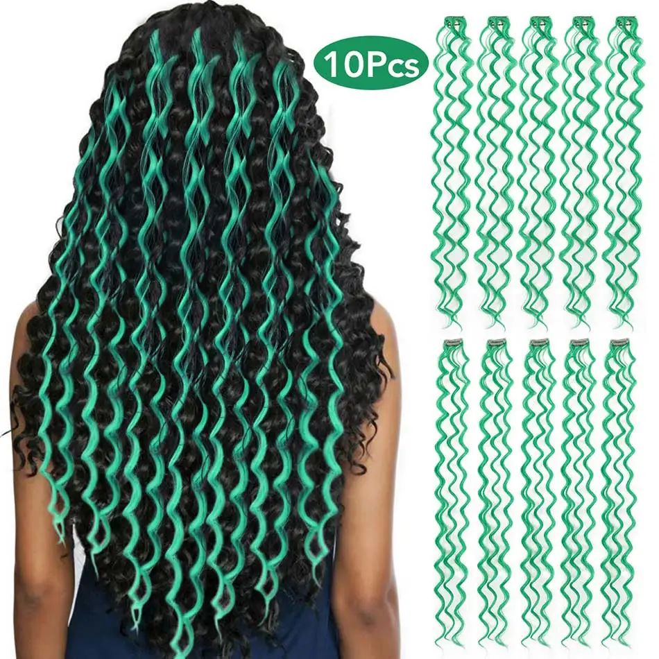 

MEEPO 10 Pieces/Set Heat Resistant 24"Colored Clip in Hair Strands Synthetic Hair Extension Deep Wave Female Rainbow Hair Pieces