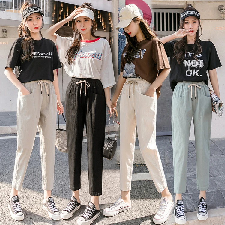 

YOCALOR New 2020 Summer Women Pants Elastic Waist Pockets Casual Cotton and Linen Ankle-Length Lace Up Harem Trousers