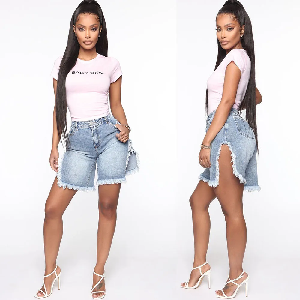 

Шорты женские джинсовые трапециевидные с завышенной талией и дырками