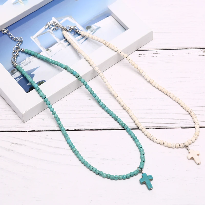 

2Colors Natural Stone Chokers Necklaces For Women Charm Light Blue&White Pendant Necklace Prayer Cross Necklace