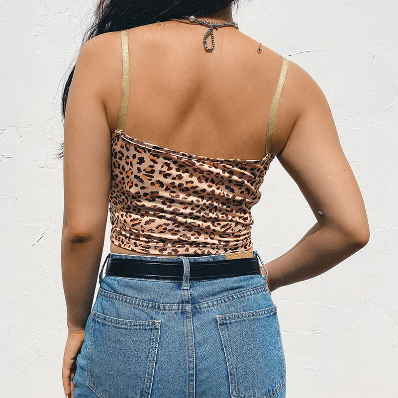 

Patcwhork Lace Leopard Spaghetti Strap Top Sleeveless 90s Crop Top Tee Frill Sexy Cami Top Summer Streetwear 2020