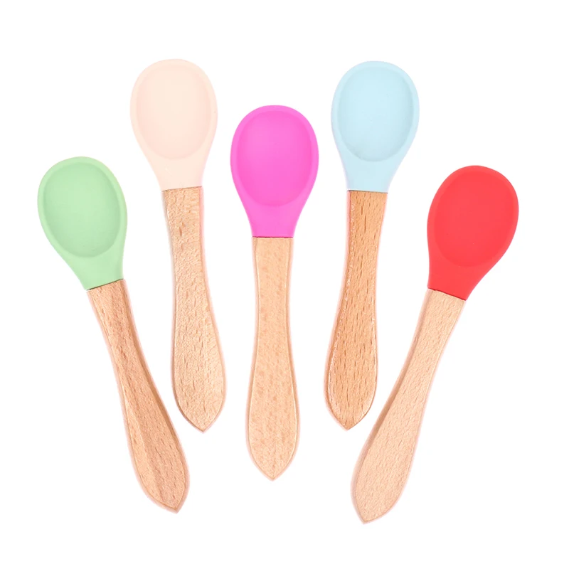 Cuchara de silicona para beb&eacute;, para aprendizaje cuchara de madera de Color caramelo, antideslizante, herramientas de alimentaci&oacute;n de alimentos-3