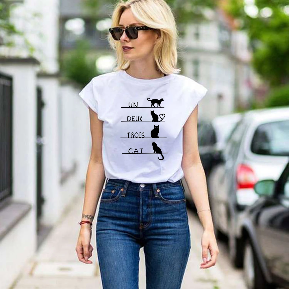 

Harajuku Simplicity Style Funny Cat France Popular shirt Tops Women Summer Loose White T shirt Europe Instagram Clothes