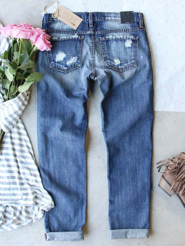 

Fashion Straight-leg Trousers Woman High Waist Loose Ripped Hole Jeans Spring Summer Vintage Checked Denim Pants Streetwear