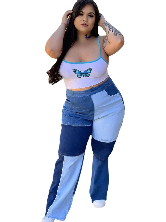 

Женские джинсы, джинсы контрастных цветов, с высокой талией и карманами, в уличном стиле, размера плюс