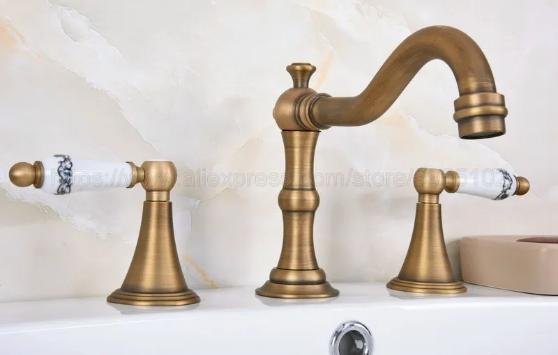 Кран для раковины Античная латунь 3 отверстия ванной комнаты кран на бортике