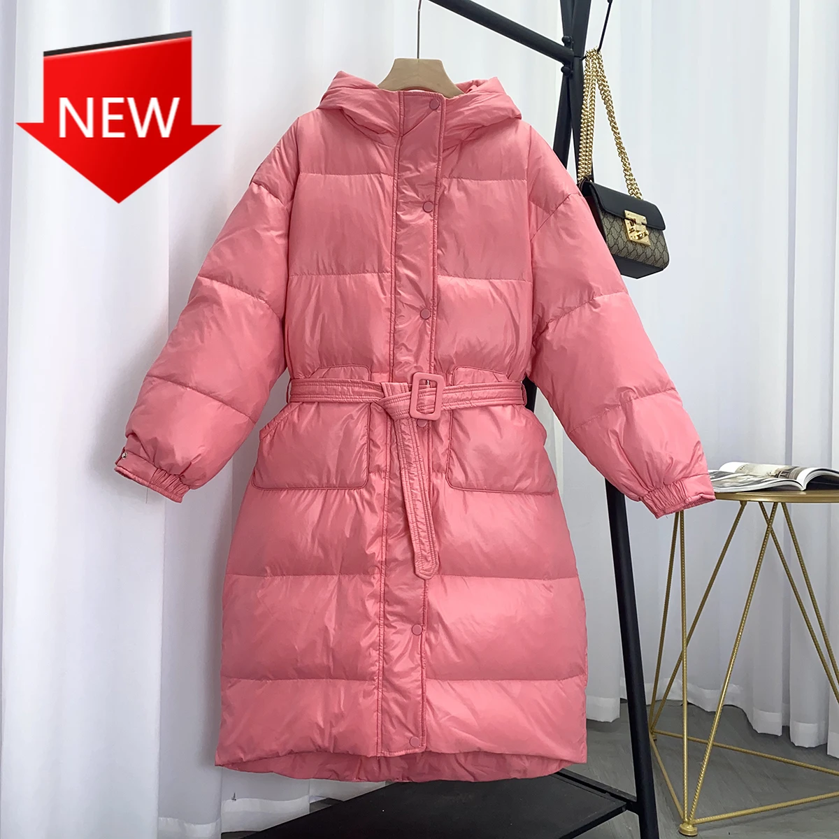 

Duck Down Jackets Female Hooded Soild Coats Thick Warm Loose Windproof Belt Parkas 2022 New Women Winter Long 90% White