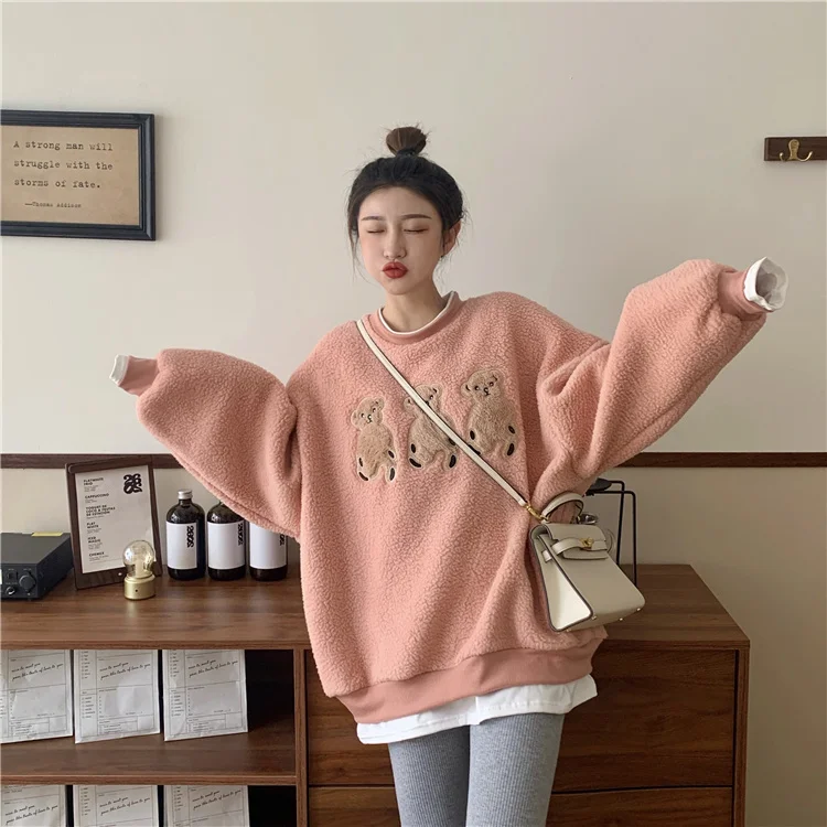 Модная утолщенная овечья шерсть с вышивкой медведя | Женская одежда