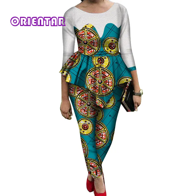 7 2 Pieces Sets Women African Pants Sets African Wax Print Long Sleeve Lace Tops and Pants Women Bazin Riche African Suits WY689 - Цвет: 7