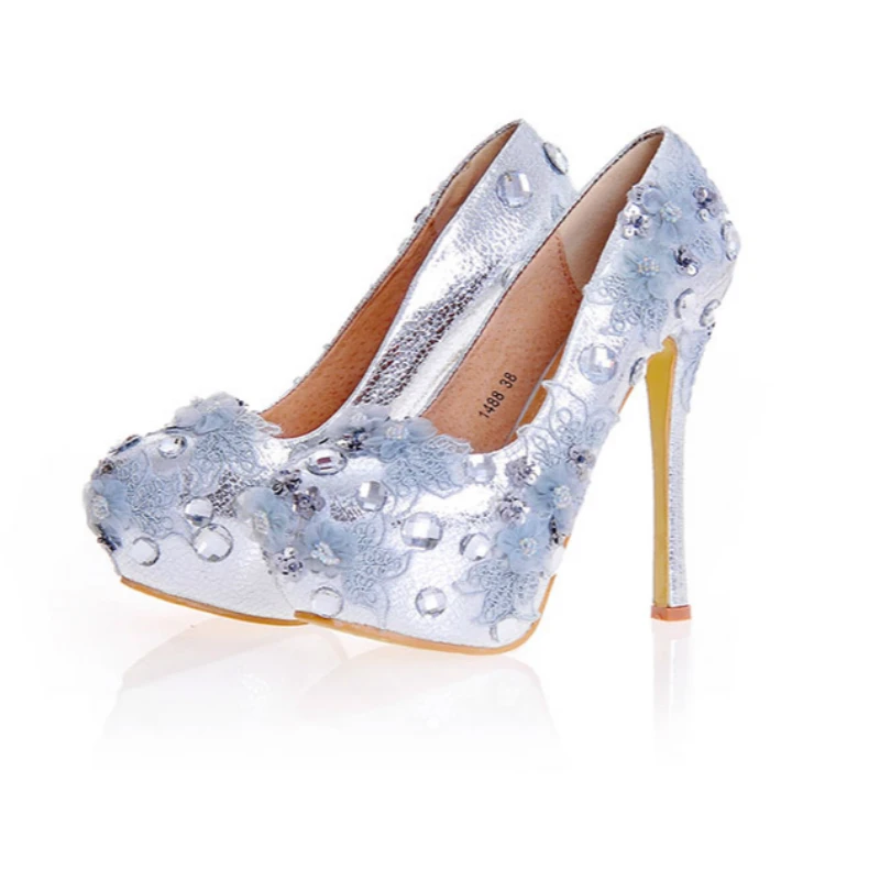 Женские свадебные туфли Стразы серебристые лодочки на высоком каблуке из