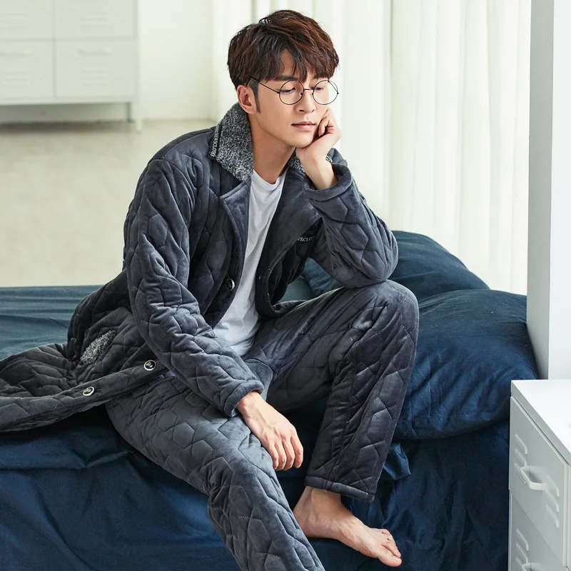 Pajamas Men's Autumn and Winter Coral Fleece Quilted Thickened Flannel Mid-length Warm Suit Pijama Invierno Hombre Dormir Tops