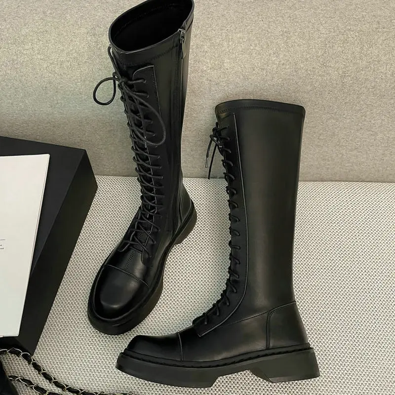 spesifikasi ESVEVA 2022 Sepatu Bot Wanita Selutut Kulit Asli Berenda Gaya Barat Sepatu Musim Dingin Ukuran 34-39