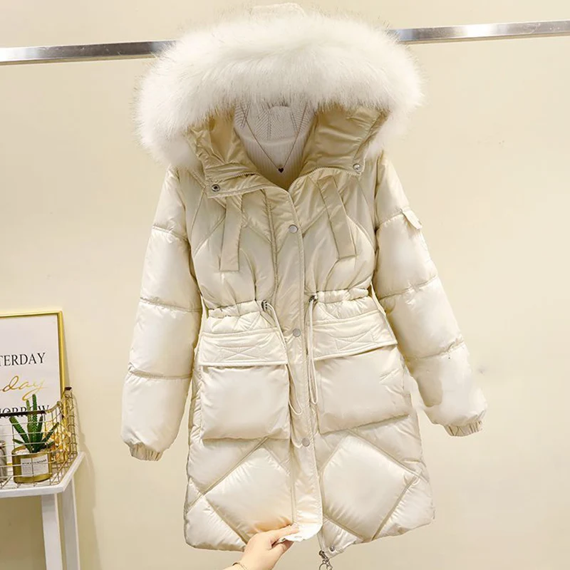 

KBAT Women Harajuku Loose Down Padded Coat New Large Size Fur Collar Long Parka New Waterproof Glossy Disposable Padded Jacket