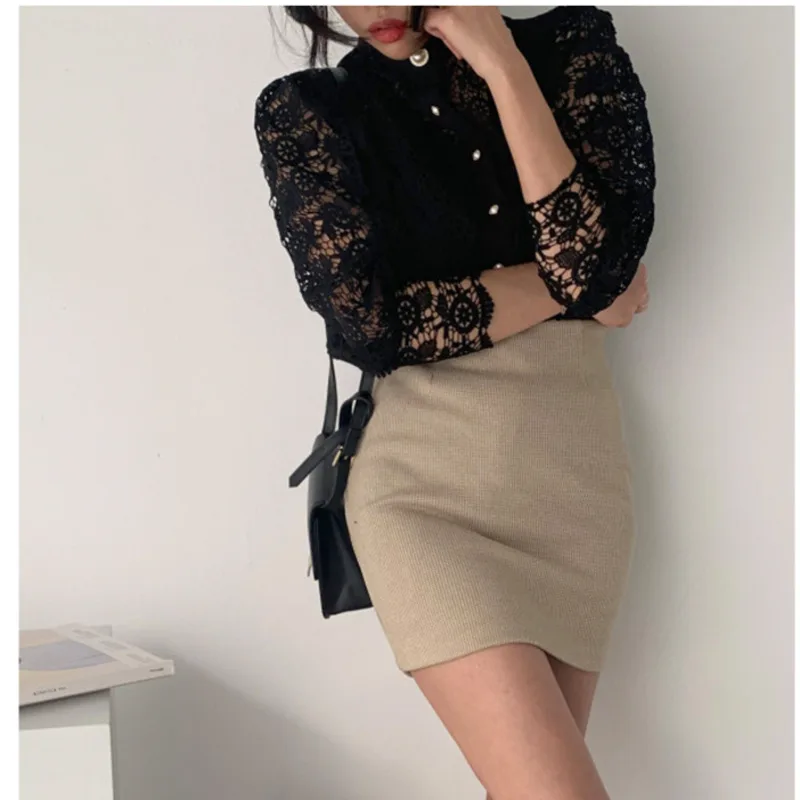 

2021 New Spring Stand Collar Button Office Lady Blouse Women Chic Flower Lace Shirt Autumn Patchwork Long Sleeve Hollow Out Top