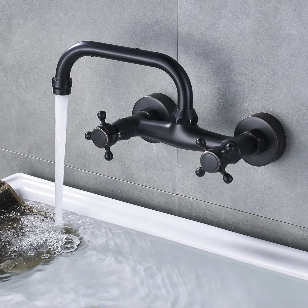 Black Brass Basin Faucet 360 Rotatable Bathroom Sink Double Cross Handle Hot Cold Water Mixer Tap