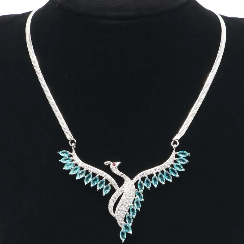 

65x55mm Luxury Phoenix Shape Created Rich Blue Aquamarine White CZ Woman's Wedding Silver Necklace 17.0-18.5inch