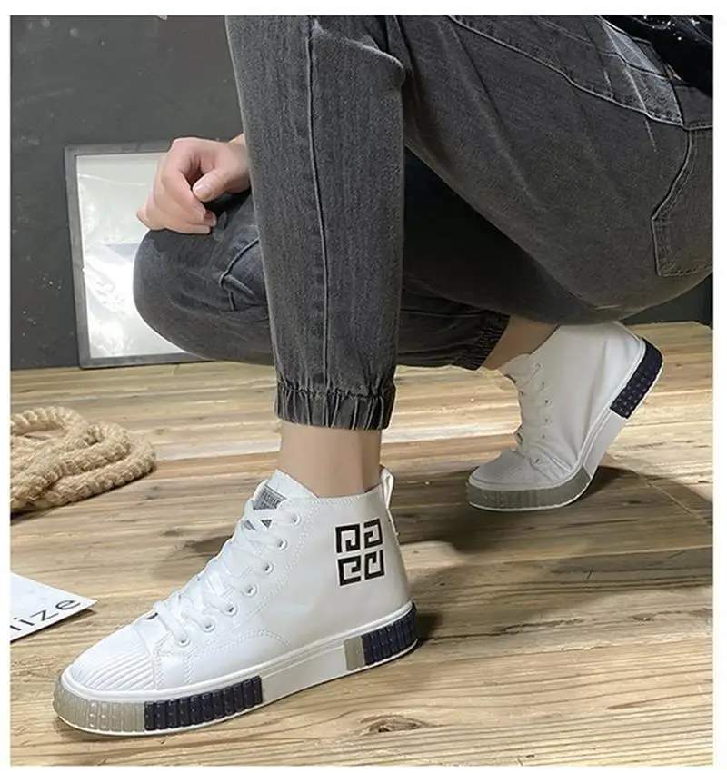 

2021 Men's Shoes Fashion Trend Personality Solid Color PU Classic Round Toe Lace Comfortable High-top Casual Short Boots KS151