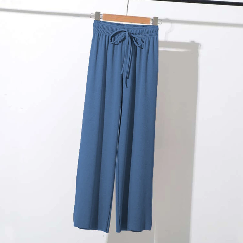 

2021 Spring Summer Lady Wide Leg Pants High Waist Loose Casual Long Stacked Pants Women's Ice Silk Ankle-Length Trousers