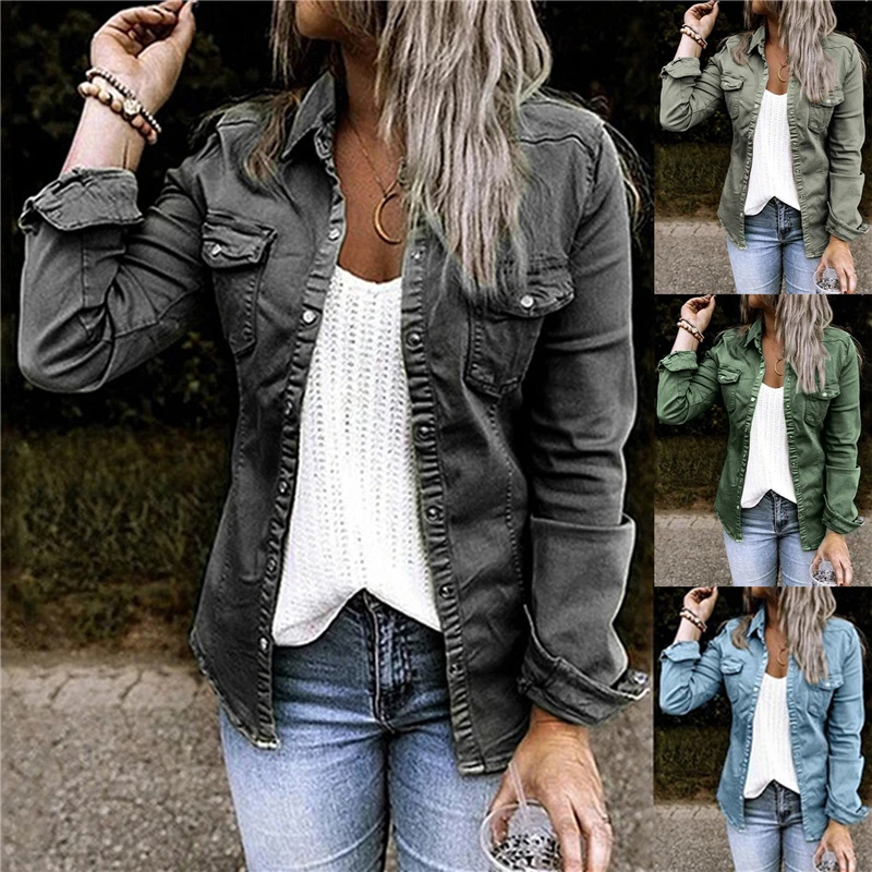 

Fashion Denim Thin Coats For Women Autumn Spring Single Button Outerwear Tops Slim Jeans Jackets
