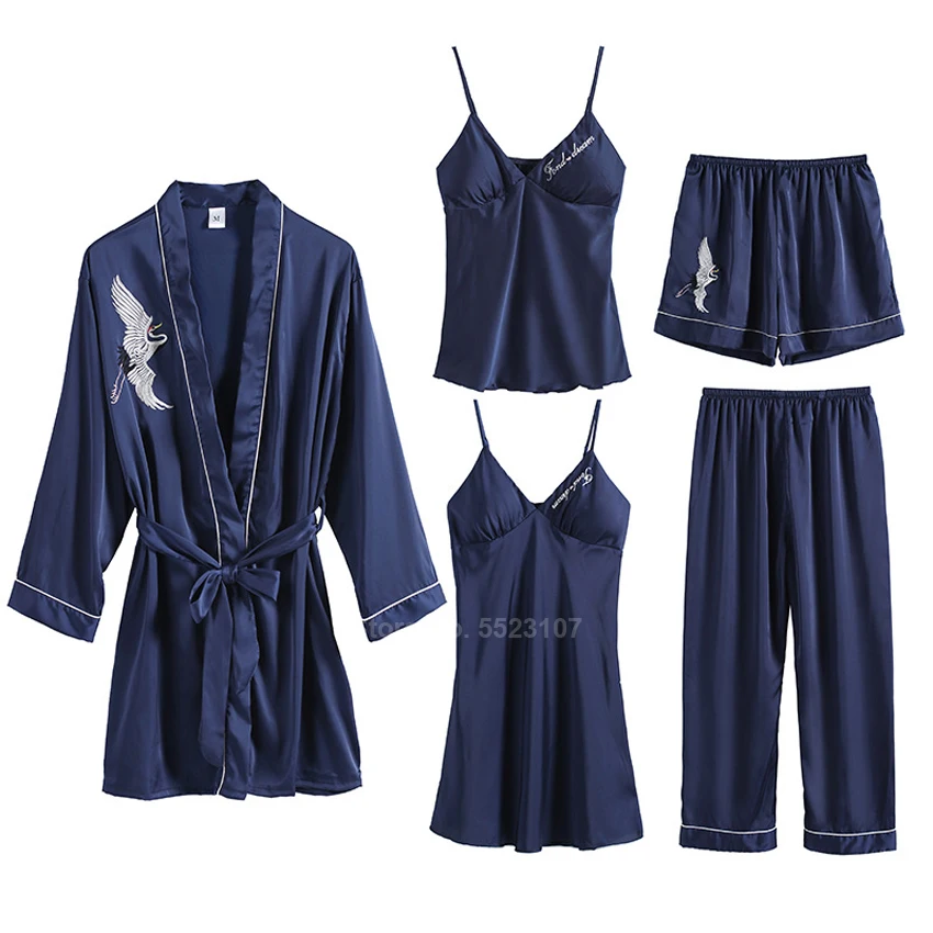 Комплект пижамный женский атласный из 5 предметов шелковая ночная рубашка с