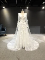 vestido de noiva newest high quality customized ivory flower lace v neck full sleeves cape floor length with train wedding dress