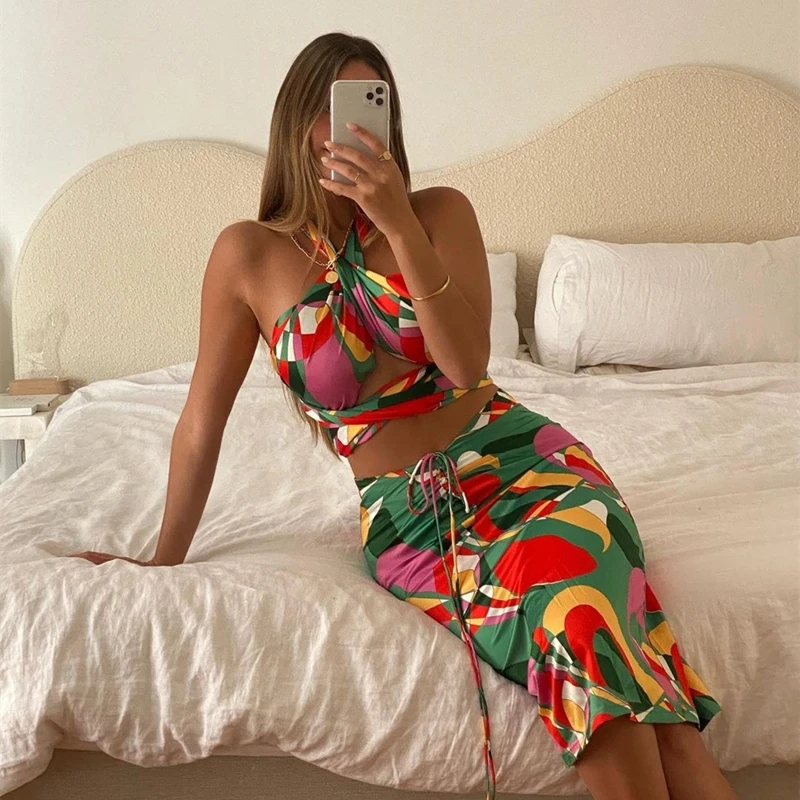 

Two Piece Skirt Set For Women 2021 Spring Summer Boho Clothing Halter Top Ensemble Femme Sexy Fashion Print Sets Y2k Aesthetic