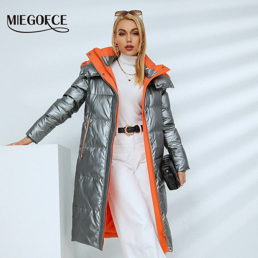 MIEGOFCE 2021 новая осенняя-зимняя коллекция женская модная куртка с капюшоном и с высоким воротником, длина до колен, удобные карманы, высококачественный пошив, пальто D21008 - изображение