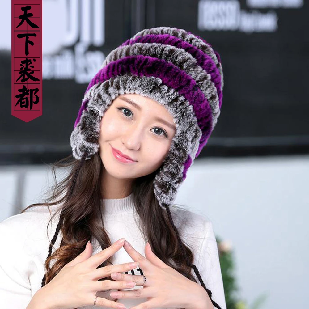 Lady Real Fur Earflap Hats Women Natural Rex Rabbit Fur Beanies Cap Russian Winter Warm Genuine Fur Hat Wholesale
