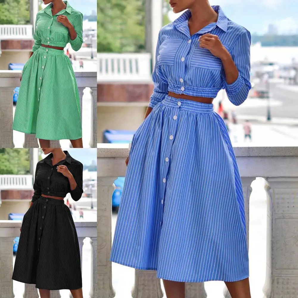 

Женский комплект из блузки и юбки, комплект из двух предметов в полоску, однобортный укороченный топ с рукавом 2021 и юбка с лацканами для повс...