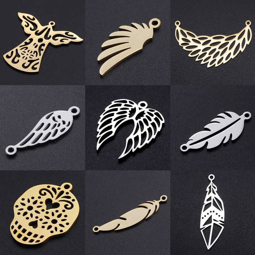 

5pcs/lot Angel Wing DIY Charms Wholesale 316 Stainless Steel Feather Connectors Charm Angels Hamsa Hand Skull Jewelry Pendant