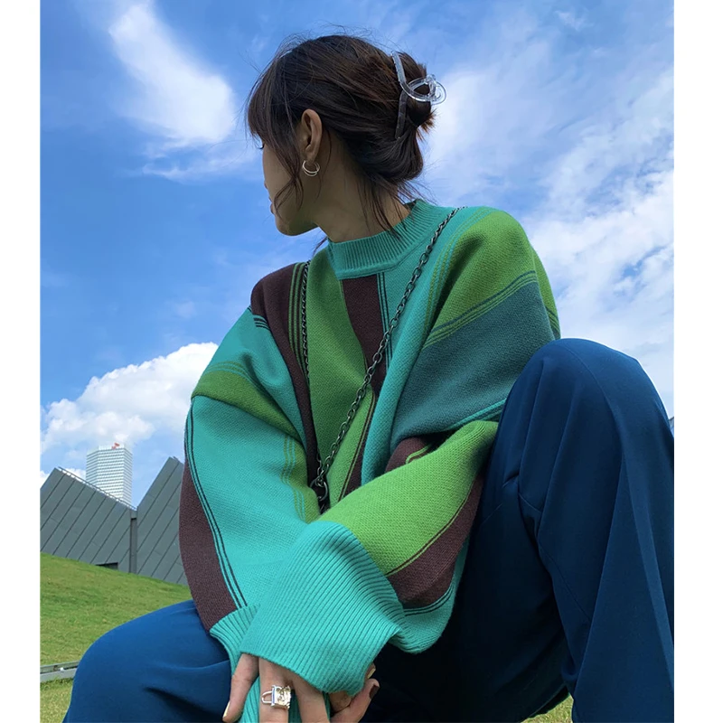 

New autumn and winter Oversize Lazy Wind Color Matching Striped Sweater Women's New Long Sleeve Knit Pullover Tops