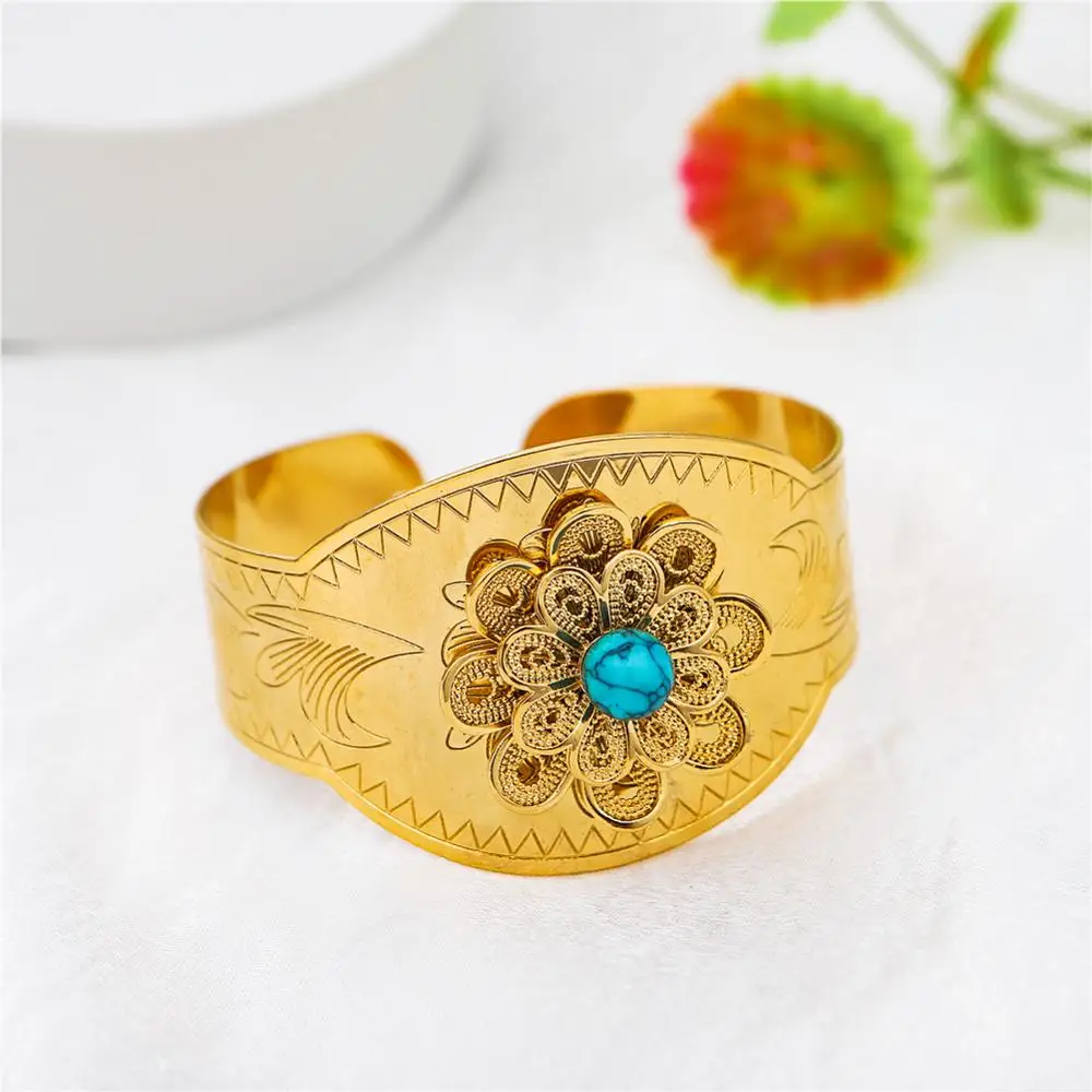 

Ethlyn Fashion Wide Turquoise Gold Color Big Bangle for Women Wedding Party Bangles Bracelets MY13