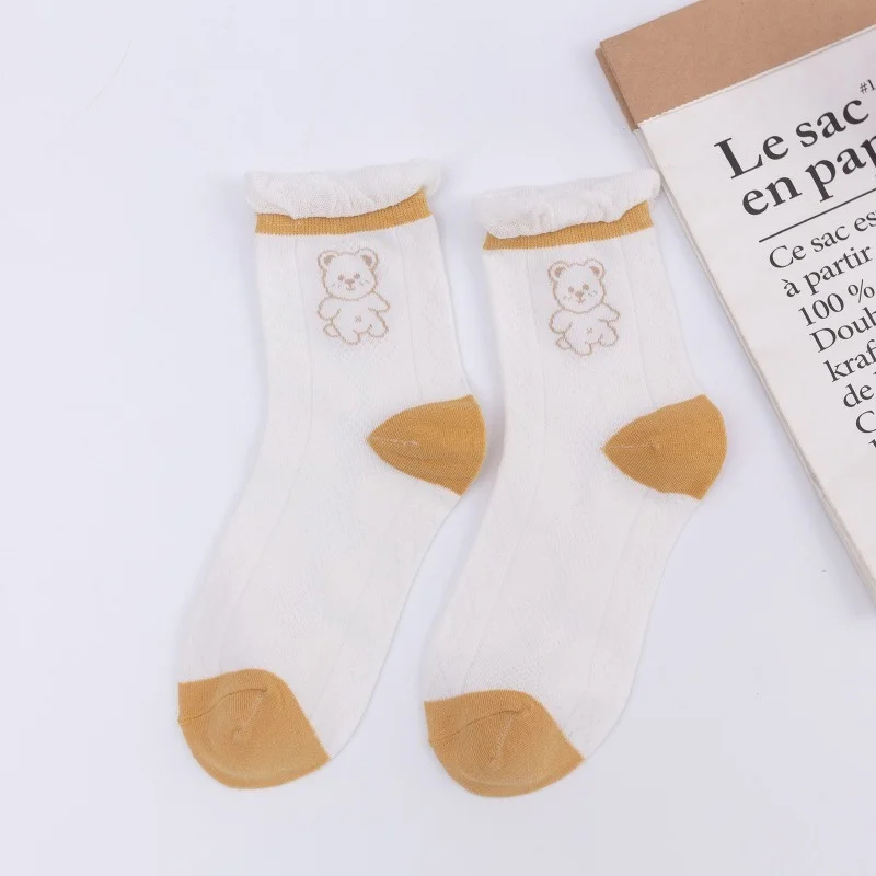 

Little Bear Woman Sock Breathable Socks Women Lace Cotton Sox Middle Tube Striped Casual Summer Kawaii Japanese Korean Skarpetk