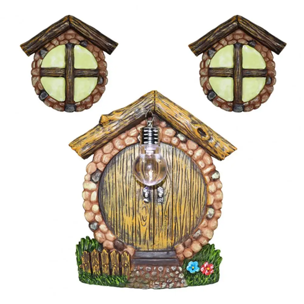 

1 Set Fairy Door Decor Ornamental LED Lighting Small Fairy House Door Grass Flower Miniature Tree Door Decor for Garden