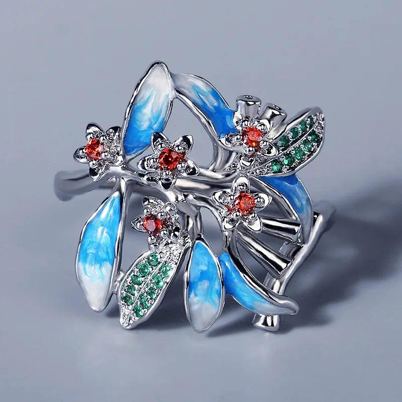 

925 silver Fashion Handmade Enamel Elegant Pink Flower Ring for women wedding party engagement jewelry gift